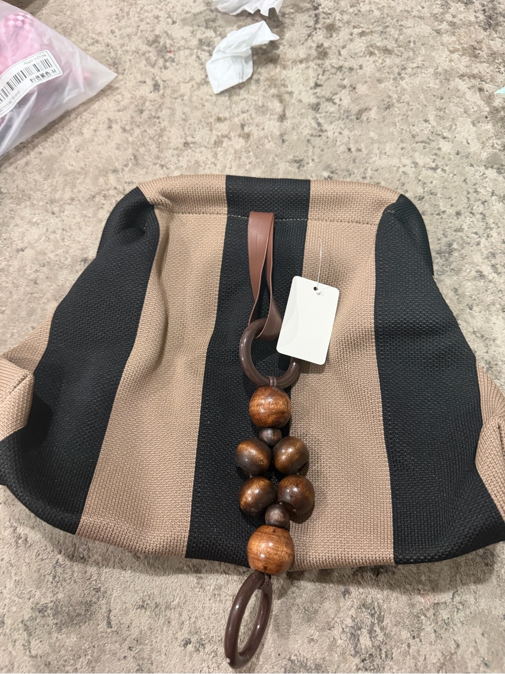 Striped Canvas Clutch with Wooden Bead Accent